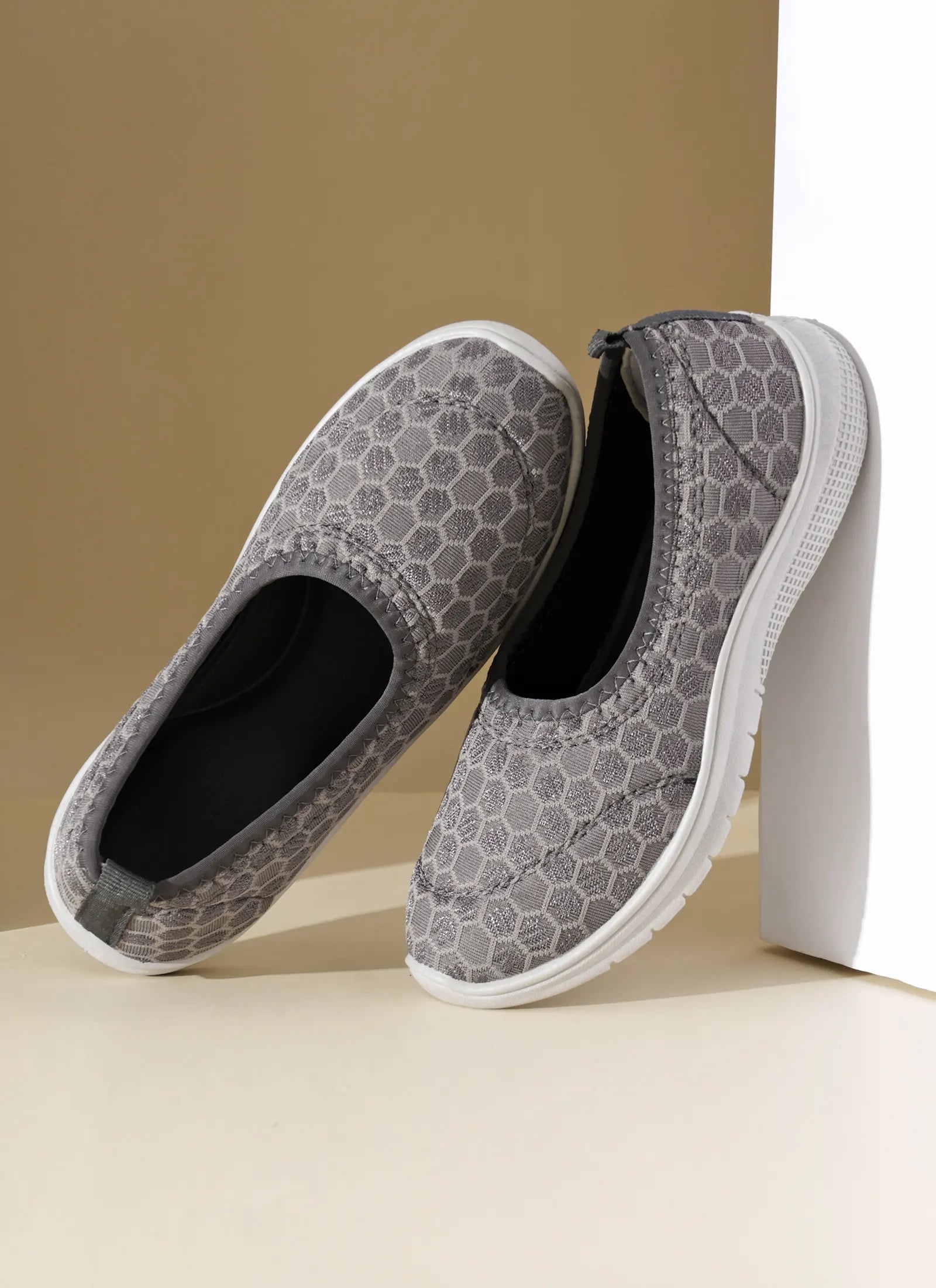 Tomsy Choice Grey Mesh Slip-On Ballerina Shoes for Women – Lightweight, Breathable & Comfortable Daily Wear Footwear