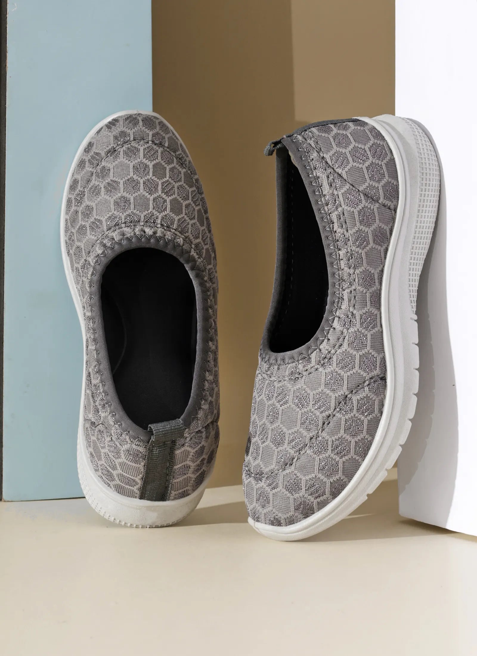 Tomsy Choice Grey Mesh Slip-On Ballerina Shoes for Women – Lightweight, Breathable & Comfortable Daily Wear Footwear