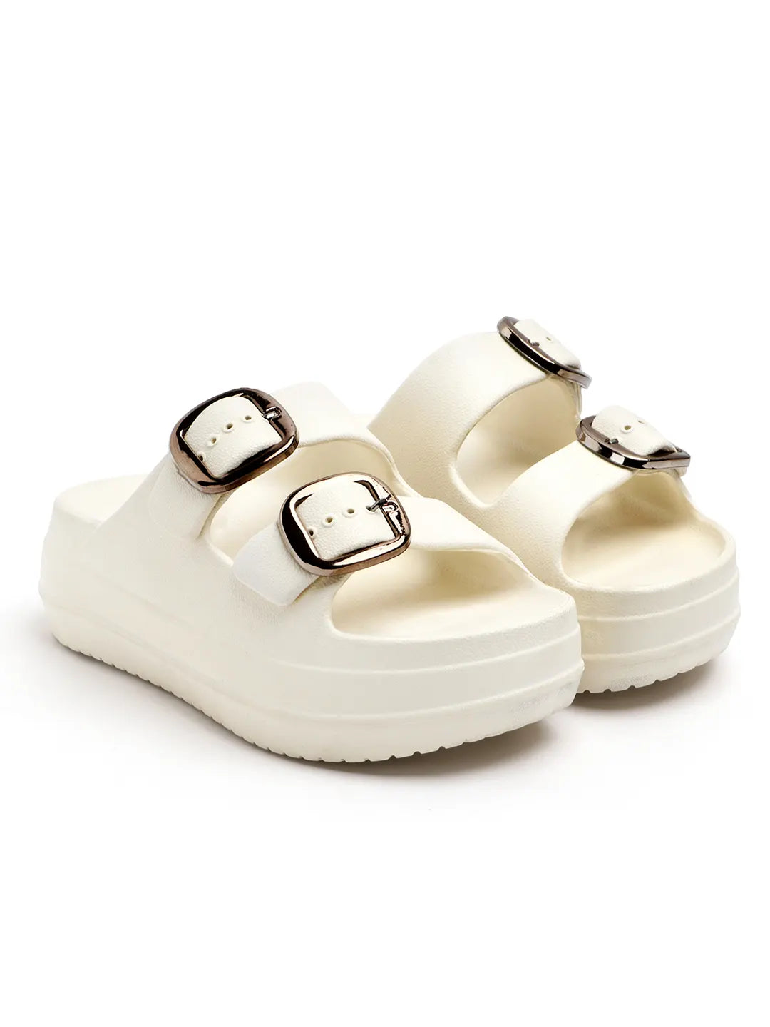 TOMSY CHOICE EVA Women Buckle Sliders | Adjustable Double Buckle | Lightweight Cushioned Slip-On | Anti-Skid, Water-Friendly, Quick-Dry