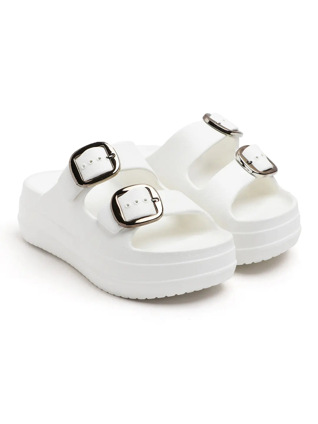 TOMSY CHOICE EVA Women Buckle Sliders | Adjustable Double Buckle | Lightweight Cushioned Slip-On | Anti-Skid, Water-Friendly, Quick-Dry