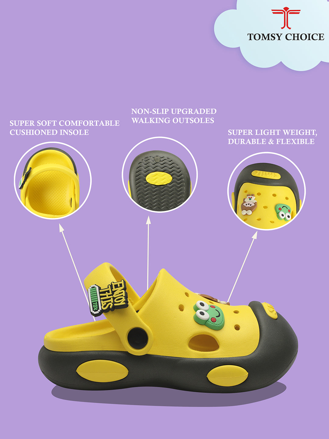 Tomsy Choice Kids Yellow EVA Clogs | Lightweight Comfortable Slip-On Sandals for Boys & Girls