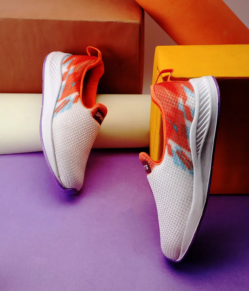 Tomsy Choice Orange & White Women Slip-On Sports Shoes | Lightweight Casual Walking