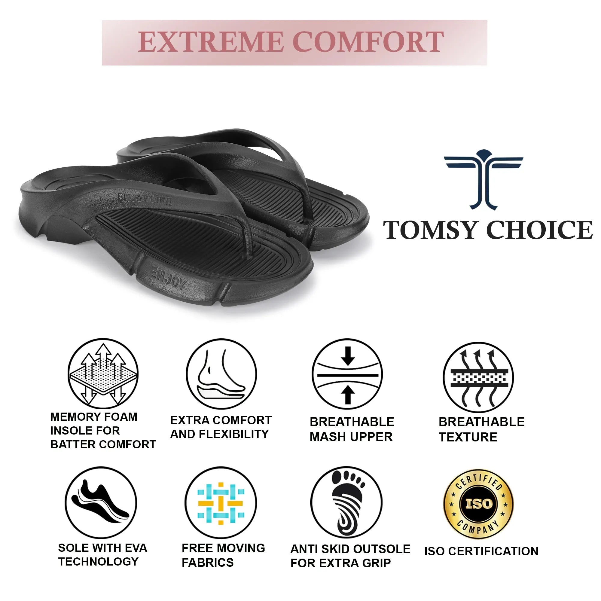 Tomsy Choice Stylish Black Thong Flip Flops for Daily Wear